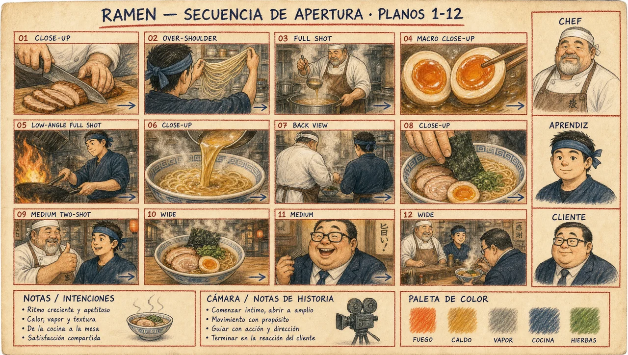 Storyboard dibujado a mano con 12 planos del corto del ramen