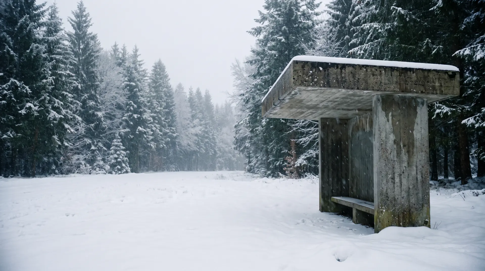 Localización vacía: marquesina brutalista de hormigón en un bosque de pinos nevado