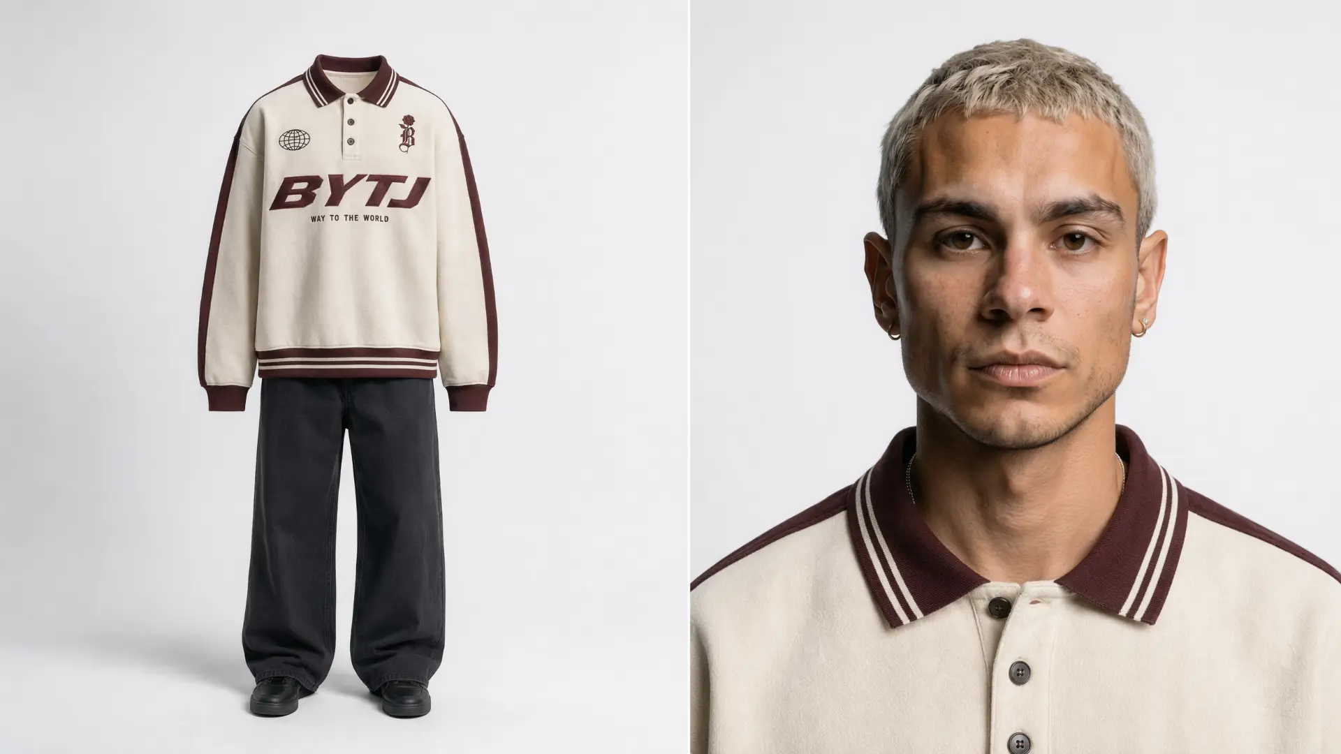 Character sheet: izquierda el outfit completo en maniquí invisible (sudadera rugby crema con logo BYTJ y pantalón charcoal), derecha retrato del avatar masculino rubio platino