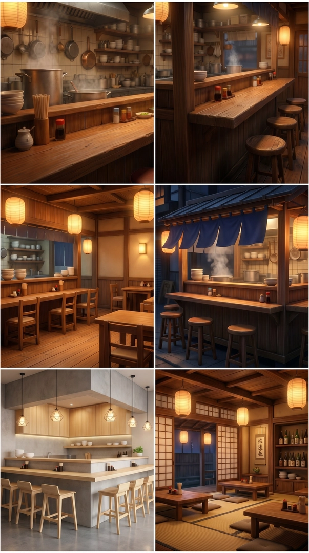 Seis vistas del mismo restaurante de ramen en estilo 3D