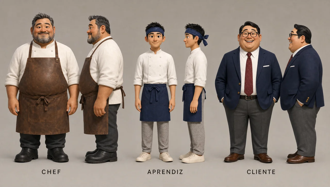 Hoja de personajes 3D del Chef, el Aprendiz y el Cliente