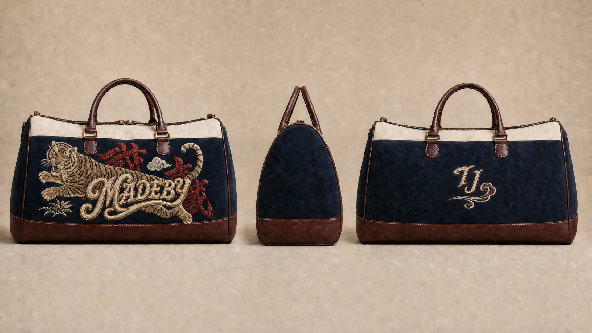 Product sheet del duffle bag: vista frontal con tigre bordado, perfil y trasera con monograma TJ