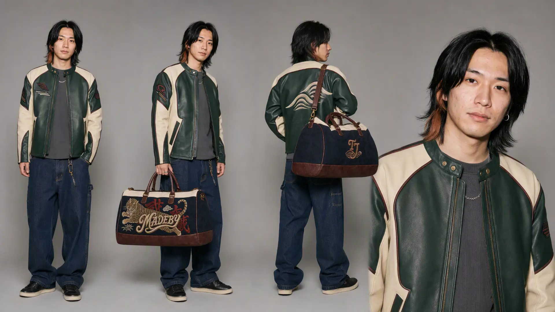 Character sheet 16:9 con cuatro vistas del modelo y el duffle bag MADEBY